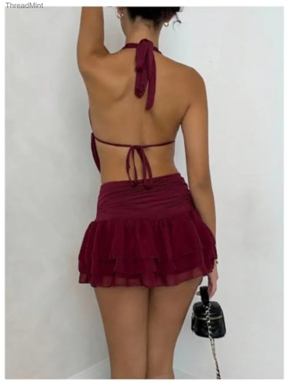 Women's 2 Piece Y2K Skirt Set Deep V Neck Halter Top Ruffle Layered Mini Skirt